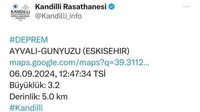 ESKİŞEHİR’İN GÜNYÜZÜ İLÇESİ’NDE 5 KİLOMETRE DERİNLİKTE 3.2 ŞİDDETİNDE DEPREM OLDUĞU