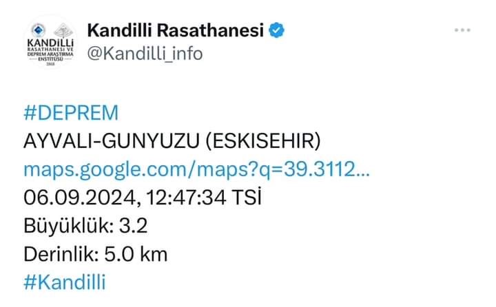 ESKİŞEHİR’İN GÜNYÜZÜ İLÇESİ’NDE 5 KİLOMETRE DERİNLİKTE 3.2 ŞİDDETİNDE DEPREM OLDUĞU
