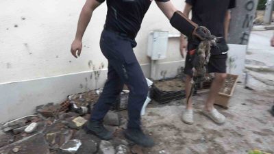 BURSA'DA GİDERİN İÇERİSİNDE SIKIŞAN KEDİ, 7 SAATLİK ÇALIŞMANIN SONUNDA KURTARILDI.