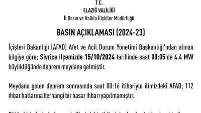 MERKEZ ÜSSÜ ELAZIĞ’IN SİVRİCE İLÇESİ OLAN 4,4 BÜYÜKLÜĞÜNDE DEPREM MEYDANA