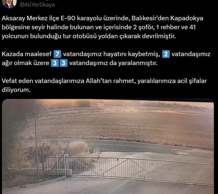 İÇİŞLERİ BAKANI ALİ YERLİKAYA, AKSARAY’DA MEYDANA GELEN OTOBÜS KAZASINDA 7