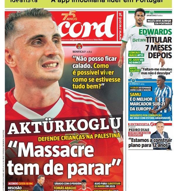 RECORD GAZETESİ, MİLLİ FUTBOLCU KEREM AKTÜRKOĞLU'NUN, İSRAİL'İN FİLİSTİN'E YAPTIĞI SALDIRILARLA