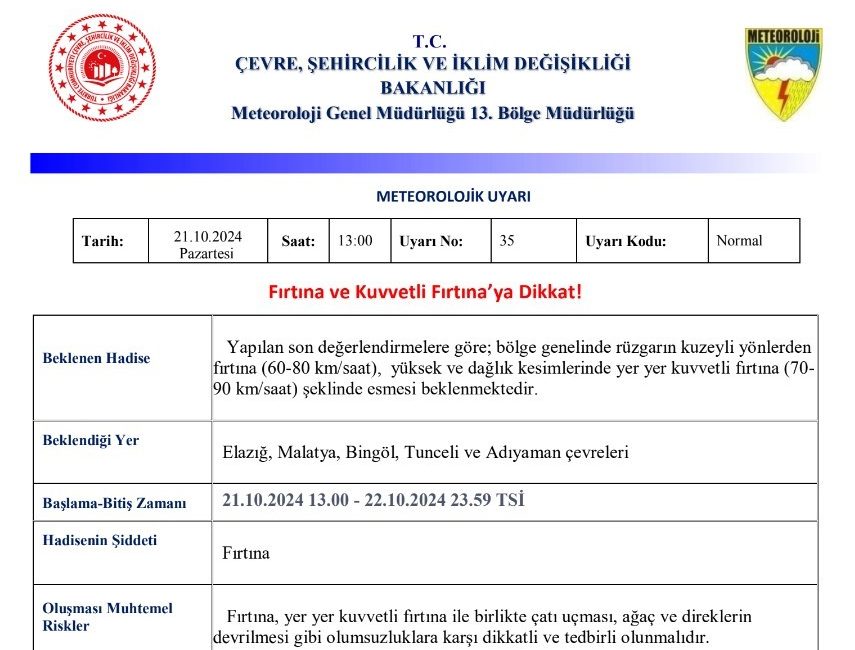 METEOROLOJİ 13. BÖLGE MÜDÜRLÜĞÜ, ELAZIĞ, MALATYA, BİNGÖL, TUNCELİ VE ADIYAMAN