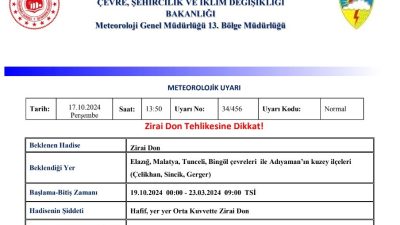 METEOROLOJİ 13. BÖLGE MÜDÜRLÜĞÜ, ELAZIĞ İÇİN ZİRAİ DON UYARISI YAPTI