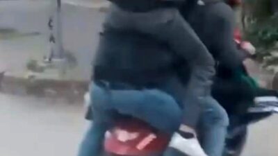 İNEGÖL İLÇESİNDE KASKSIZ VE KORUMASIZ BİR ŞEKİLDE MOTOSİKLETE BİNEREK TRAFİĞİ