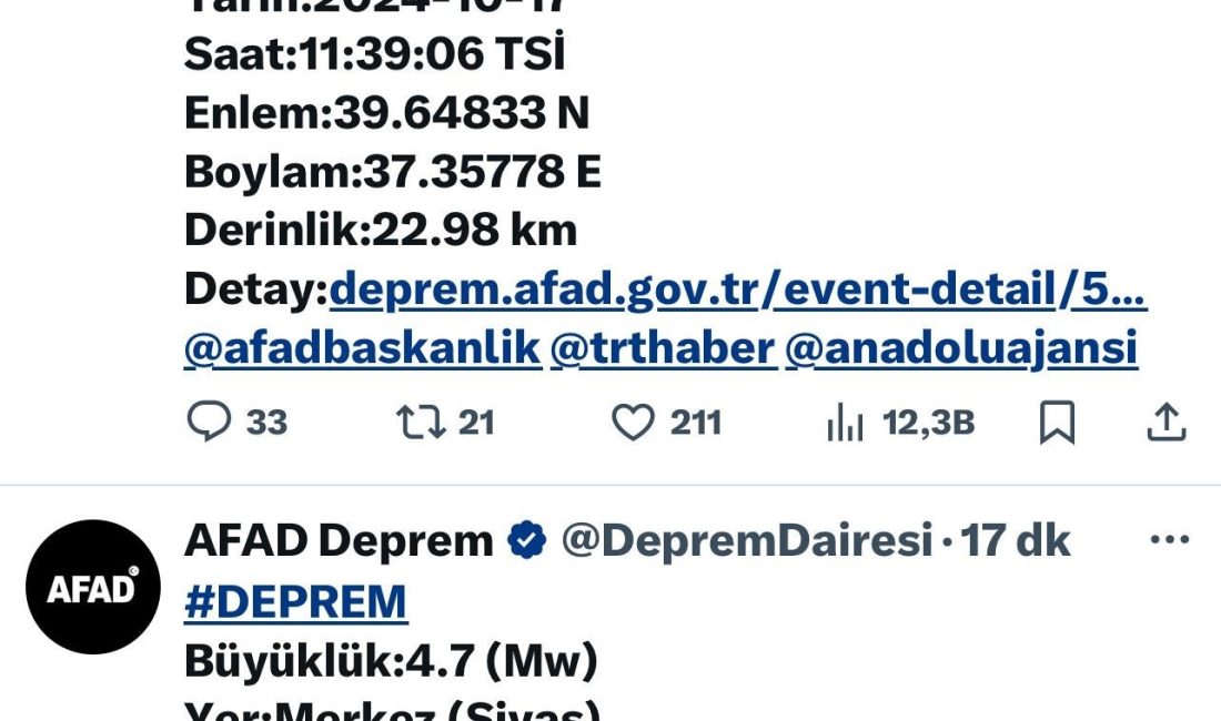 SİVAS KENT MERKEZİNDE ON DAKİKA ARAYLA İKİNCİ BİR DEPREM MEYDANA