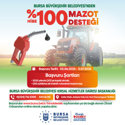 Bursa Büyükşehir Belediyesi’nden yüzde 100 hibe ‘Mazot Desteği’ Bursa Büyükşehir Belediyesi, üreticilerin desteklenmesi ve girdi maliyetlerinin azaltılması amacıyla