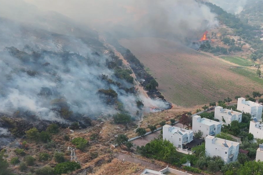 İzmir'de Dikili’nin Çandarlı Mahallesi’nde otluk ve zeytinlik alanda çıkan yangına